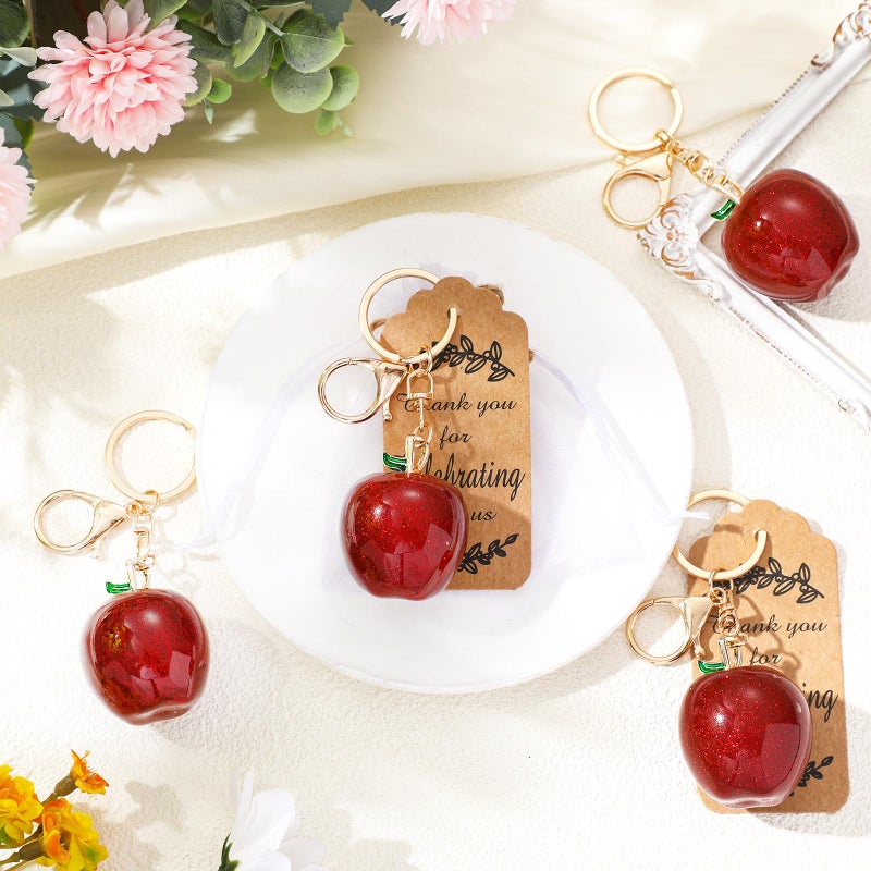 Ecation 12 Set Apple Keychain Party Favor Bulk Steel Red Fruit Keyring Charm Accessories Kraft Tag Organza Bag for Teacher Guest Baptism Bridal Baby Shower Valentine Wedding Back to Shool Gift - Image 4