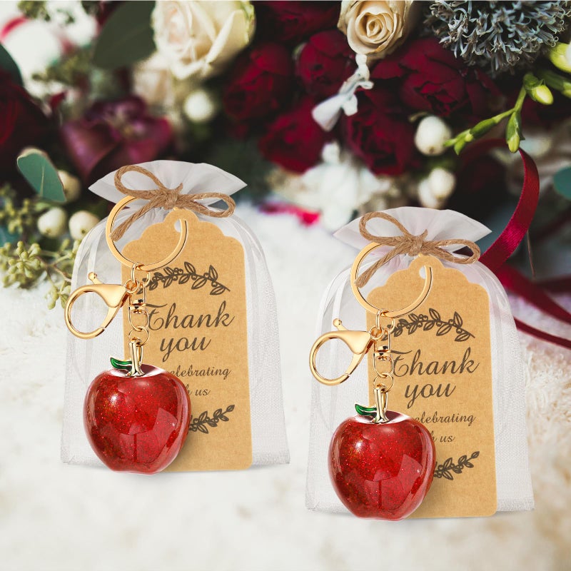 Ecation 12 Set Apple Keychain Party Favor Bulk Steel Red Fruit Keyring Charm Accessories Kraft Tag Organza Bag for Teacher Guest Baptism Bridal Baby Shower Valentine Wedding Back to Shool Gift - Image 5
