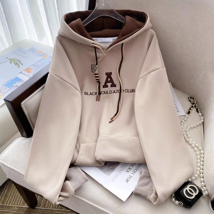 Hooded Design Wearing Hoodie Womens Autumn and Winter 2024 New College Style Small Fashionable Outer Wearing Inner Top Apricot # 8027