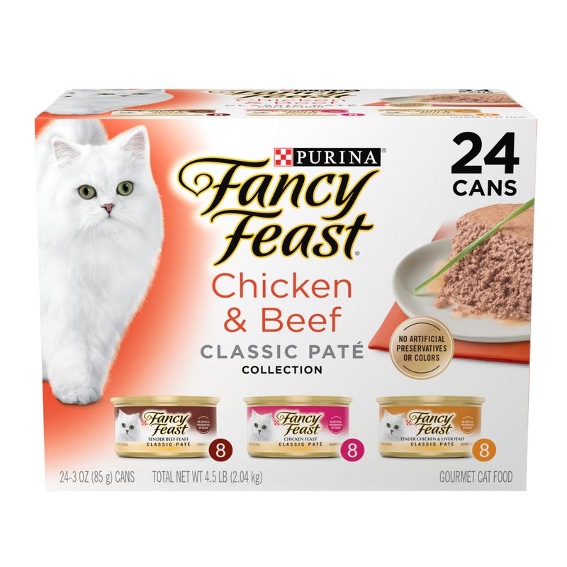 Fancy Feast Purina Fancy Feast Chicken and Beef Classic Pate Collection Grain Free Wet Cat Food Variety Pack - (Pack of 24) 3 Oz. Pull-Top Cans - Image 1