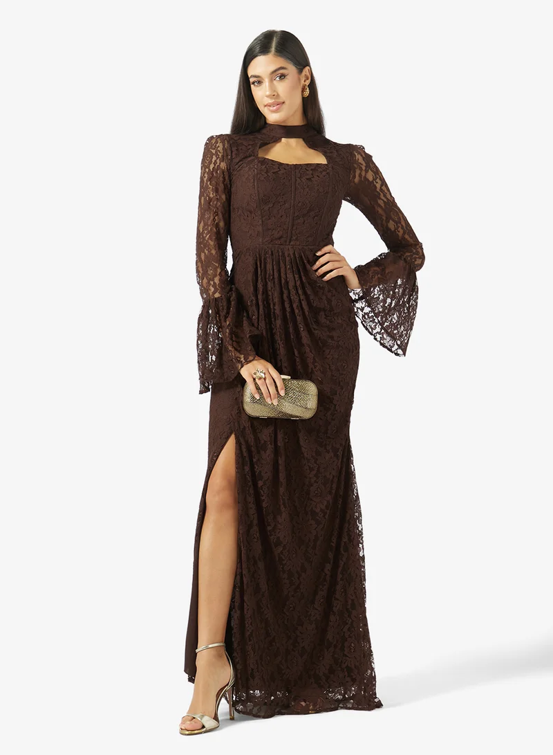 Akadia Fashion  CORSET CUT OUT FLARE SLEEVES DANTEL DRESS for Women | Best Price UAE