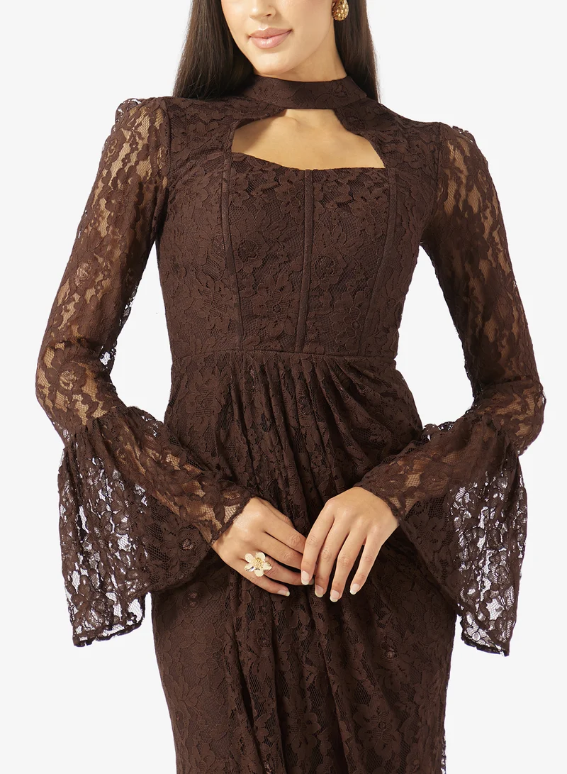Akadia Fashion  CORSET CUT OUT FLARE SLEEVES DANTEL DRESS for Women | Best Price UAE