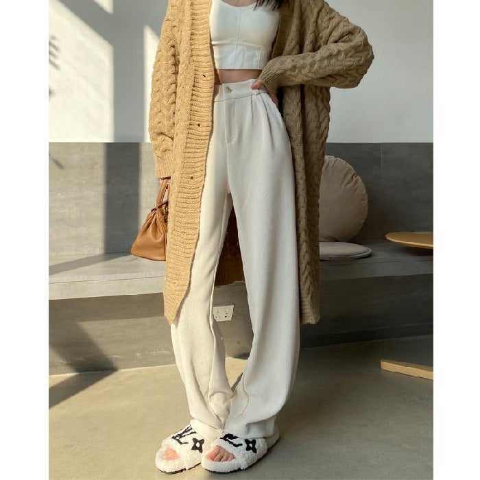 Chenille Narrow Wide-leg Pants Womens Autumn and Winter fleece-lined Thickened Corduroy Short High Waist Dosing Straight-leg Pants KE #   White [regular style] 8813 