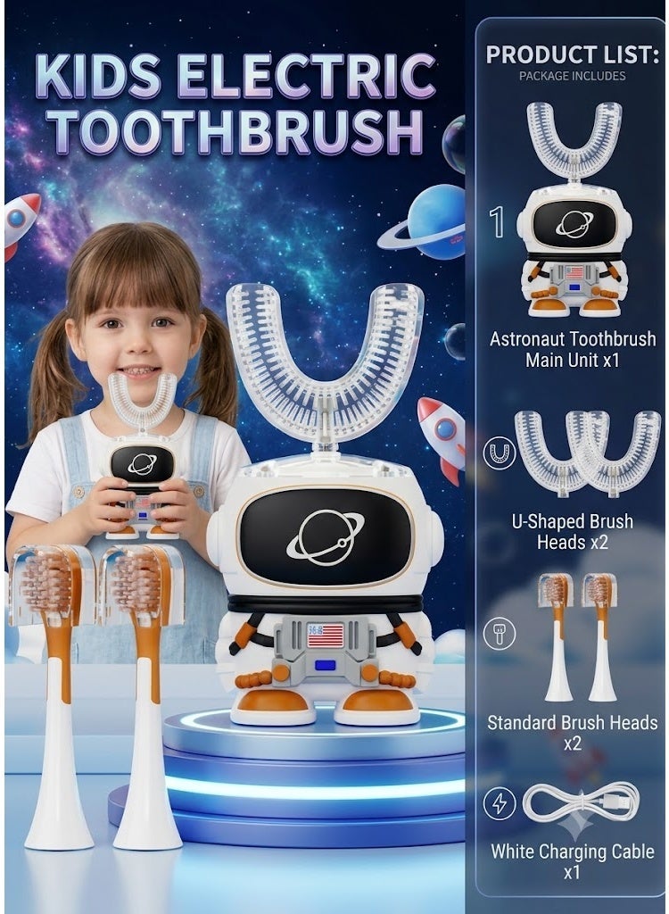 Kids U Shaped Ultrasonic Electric Toothbrush, 4 Replacement Brush Heads, 6 Cleaning Modes, Cartoon Design for Kids Ages 2-15 - Image 1