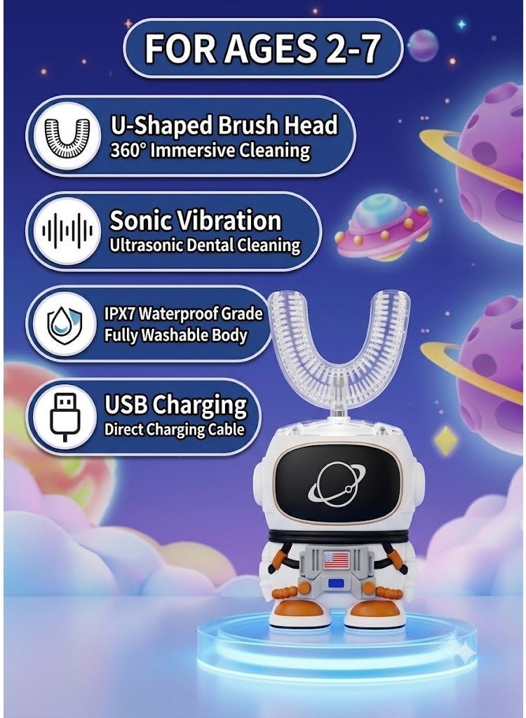 Kids U Shaped Ultrasonic Electric Toothbrush, 4 Replacement Brush Heads, 6 Cleaning Modes, Cartoon Design for Kids Ages 2-15 - Image 2