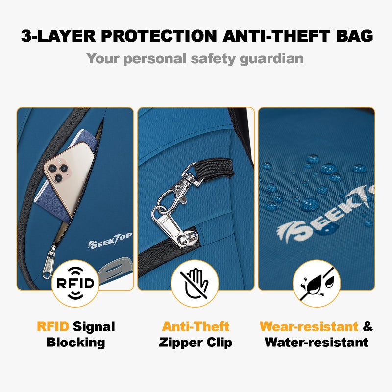 Seektop Crossbody Bag Anti-Theft RFID Blocking Waterproof 400D Nylon Lightweight Small Sling Backpack Shoulder Bags Chest Pack Cross Body Bag for Travel Hiking Outdoor Men Women Blue - Image 3