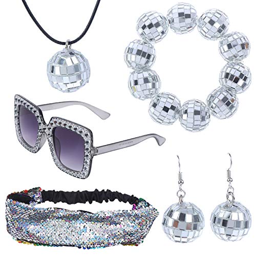 Ujuuu 5 Pieces 1970s Disco Accessories Disco Set Ball Earrings Necklace Bracelet Bling Headband and Sunglasses for Women - Image 1