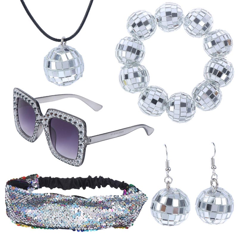 Ujuuu 5 Pieces 1970s Disco Accessories Disco Set Ball Earrings Necklace Bracelet Bling Headband and Sunglasses for Women - Image 2