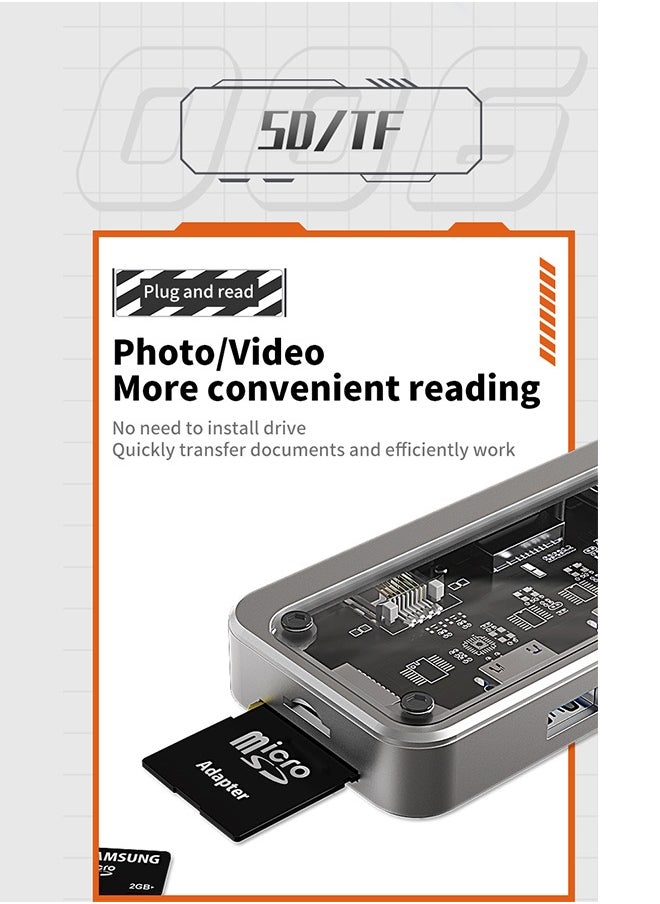 Transparent 10-in-1 USB C Hub, HDMI VGA Port, 1000M Network Interface, PD Fast Charging, USB 3.0, 3.5mm Audio Port, SD TF Card for PCs, Tablets and Mobile Phones