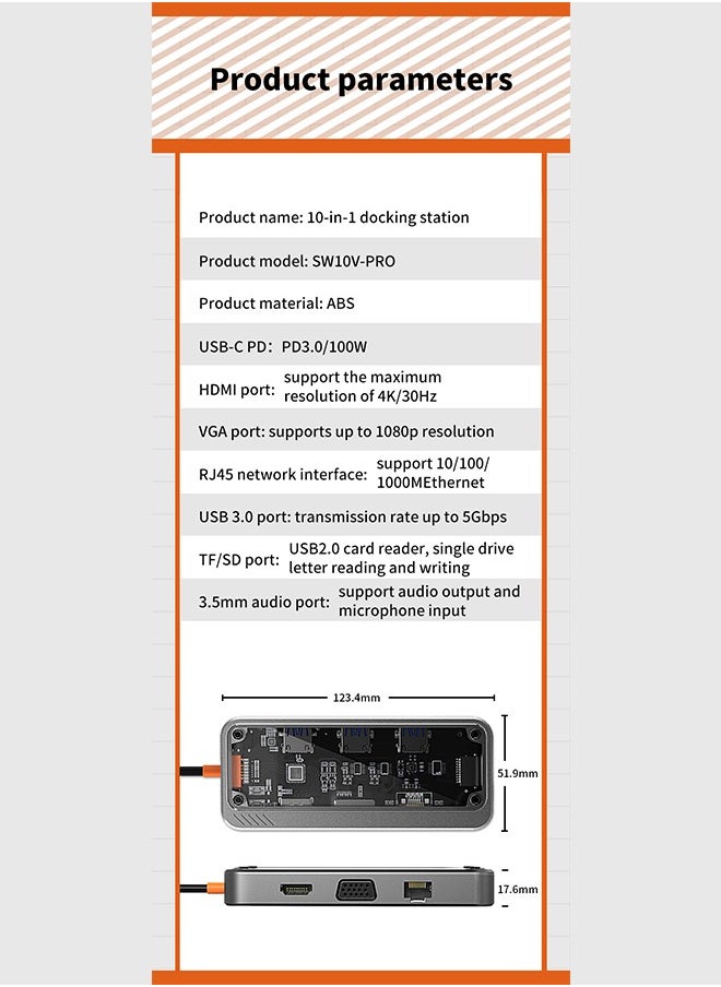 Transparent 10-in-1 USB C Hub, HDMI VGA Port, 1000M Network Interface, PD Fast Charging, USB 3.0, 3.5mm Audio Port, SD TF Card for PCs, Tablets and Mobile Phones