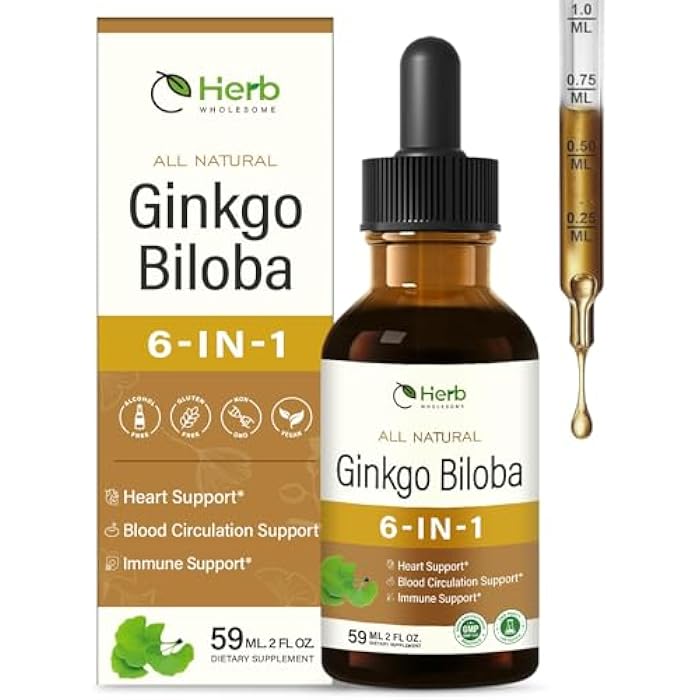 Ginkgo Biloba Extract Liquid Drops for Blood Circulation & Healthy Heart Function, Herbal Supplement Support Immunity w/Horse Chestnut Red Ginseng, Super Concentrated Tincture. 2oz - Image 1