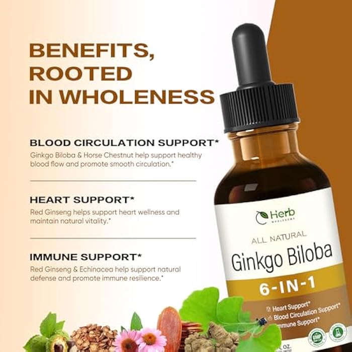 Ginkgo Biloba Extract Liquid Drops for Blood Circulation & Healthy Heart Function, Herbal Supplement Support Immunity w/Horse Chestnut Red Ginseng, Super Concentrated Tincture. 2oz - Image 3