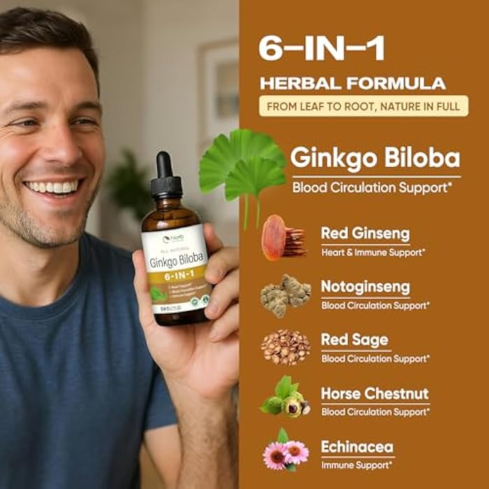 Ginkgo Biloba Extract Liquid Drops for Blood Circulation & Healthy Heart Function, Herbal Supplement Support Immunity w/Horse Chestnut Red Ginseng, Super Concentrated Tincture. 2oz - Image 2