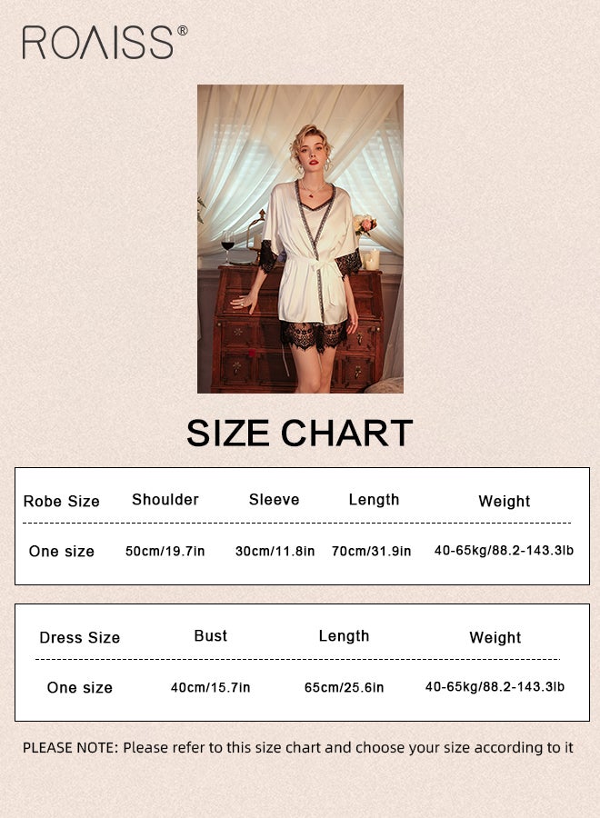 roaiss 2Pcs Ice Silk Lace Pajamas for Women Suspender Nightdress and Pajama Robe Ladies High End Palace Style Spaghetti Straps Loungewear Summer Charming Romantic Home Wear - Image 5