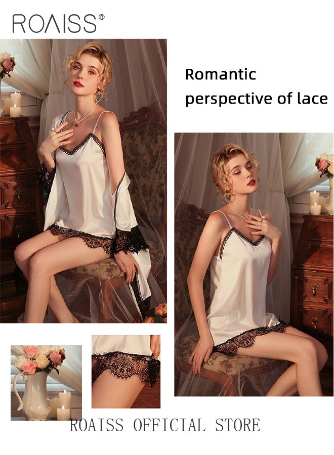 roaiss 2Pcs Ice Silk Lace Pajamas for Women Suspender Nightdress and Pajama Robe Ladies High End Palace Style Spaghetti Straps Loungewear Summer Charming Romantic Home Wear - Image 4
