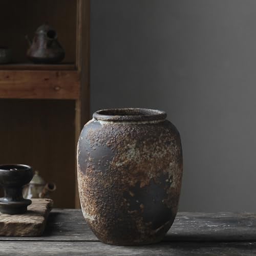 Denique Rustic Vase for Home Decor, Farmhouse Terracotta Vases, Large Ceramic Vase for Living Room Decor, Black Pottery Vase Large Clay Vase, Rustic Farmhouse Tabletop Decor(B-22cm) - Image 1