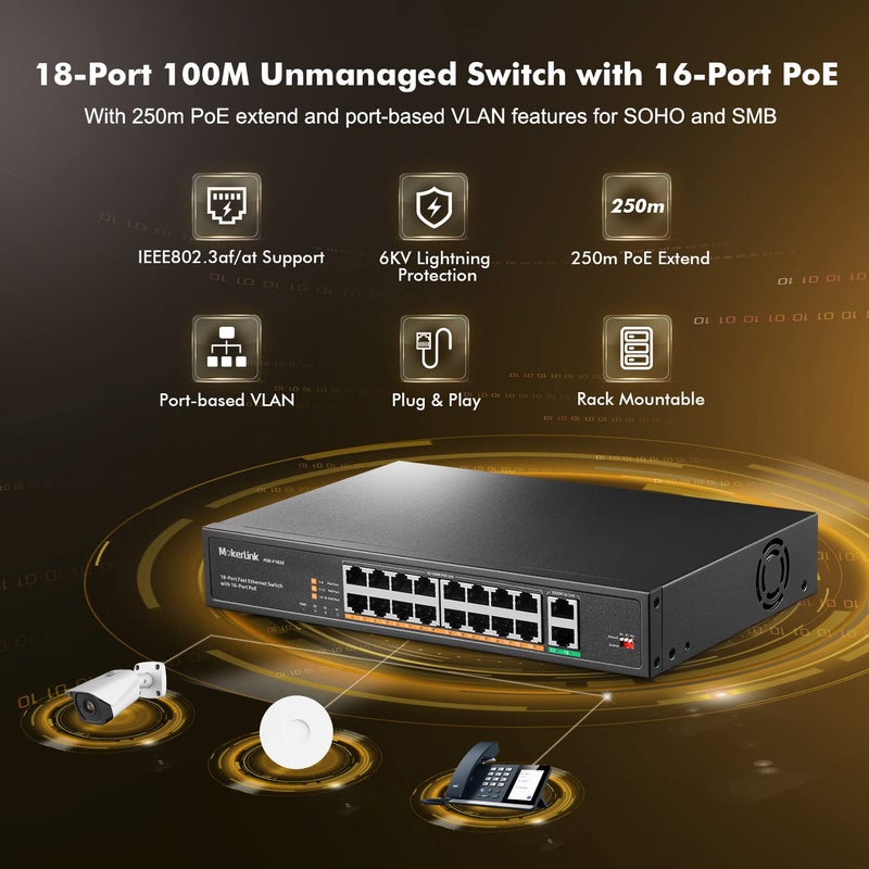 MokerLink مفتاح 16 منفذ PoE مع منفذي رفع إيثرنت جيجابت، 250 واط عالي الطاقة، يدعم IEEE802.3af/at، قابل للتركيب في الرف، غير مُدار وقابل للتوصيل والتشغيل - Image 2