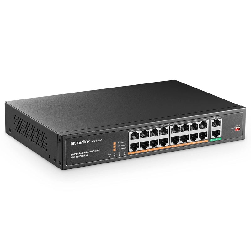 MokerLink مفتاح 16 منفذ PoE مع منفذي رفع إيثرنت جيجابت، 250 واط عالي الطاقة، يدعم IEEE802.3af/at، قابل للتركيب في الرف، غير مُدار وقابل للتوصيل والتشغيل - Image 1