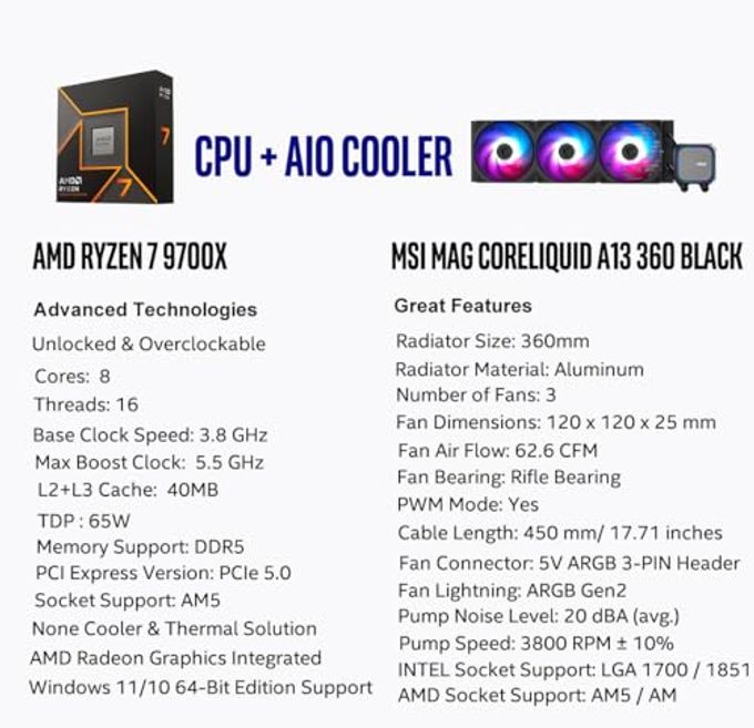 Micro Center Cpu Aio Combo Amd Ryzen 7 9700X Processor With Msi Mag Coreliquid A13 360 Aio Argb Cpu Liquid Cooler 360Mm Radiator Lga 1700/1851 / Am5/ Am4 Compatible - Image 5
