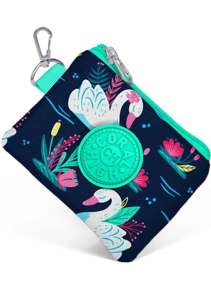 CORAL HIGH Kids Neon Coral Navy Blue Swan Patterned Coin Purse 21748