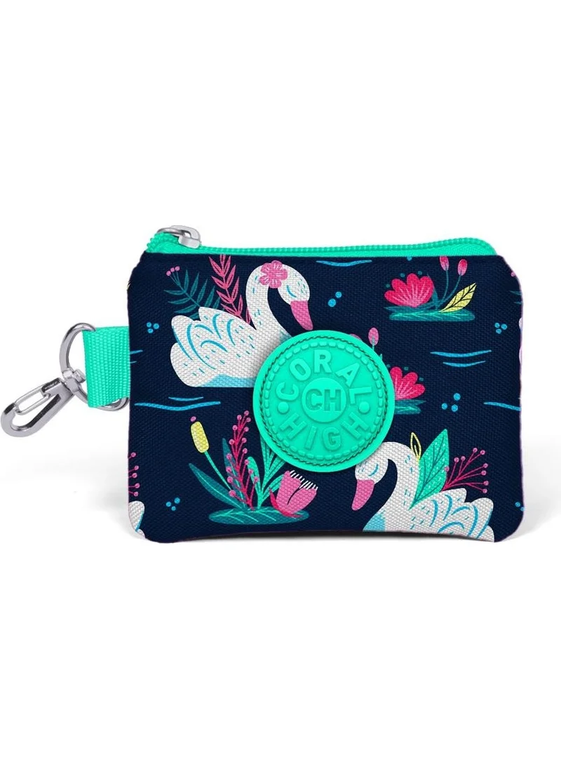 CORAL HIGH Kids Neon Coral Navy Blue Swan Patterned Coin Purse 21748