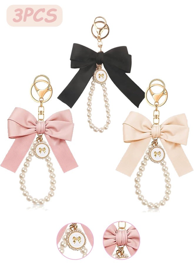 كوانتوم سلسلة مفاتيح مكونة من 3 قطع، سلسلة مفاتيح على شكل فيونكة وردية للنساء، إكسسوار لطيف على شكل حقيبة، هدية مثالية للفتيات - Image 1