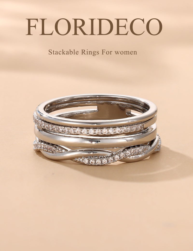 Florideco Silver Plated Stackable Rings for Women Non Tarnish Dainty Cubic Zirconia Ring Set Minimalist Wedding Bands Ring Stack Statement Engagement Promise Thumb Rings Size 7 - Image 3