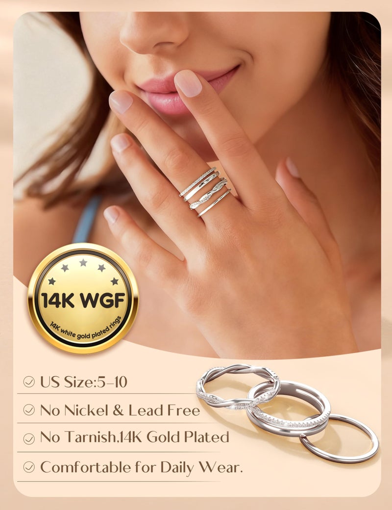 Florideco Silver Plated Stackable Rings for Women Non Tarnish Dainty Cubic Zirconia Ring Set Minimalist Wedding Bands Ring Stack Statement Engagement Promise Thumb Rings Size 7 - Image 2