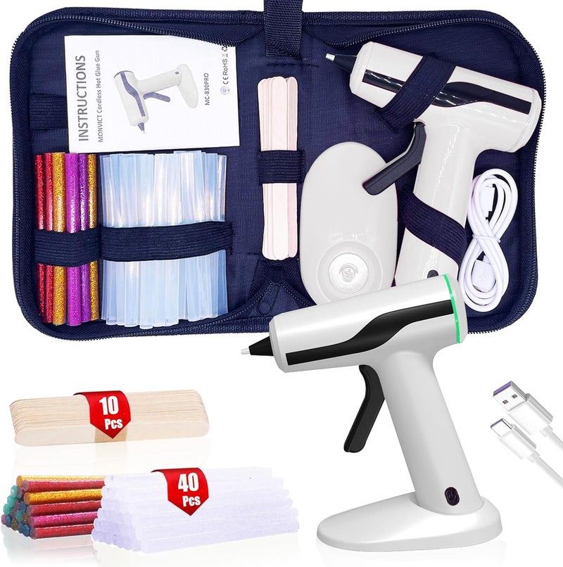 MONVICT Cordless Hot Melt Glue Gun, Smart Power-Off with 2.2 Ah Built-in Battery USB-C Rechargeable Mini Glue Gun Kit, 40 Pcs Glue Sticks, 10 Pcs Craft sticks, Carrying Case for DIY Craft Gift, White - Image 1