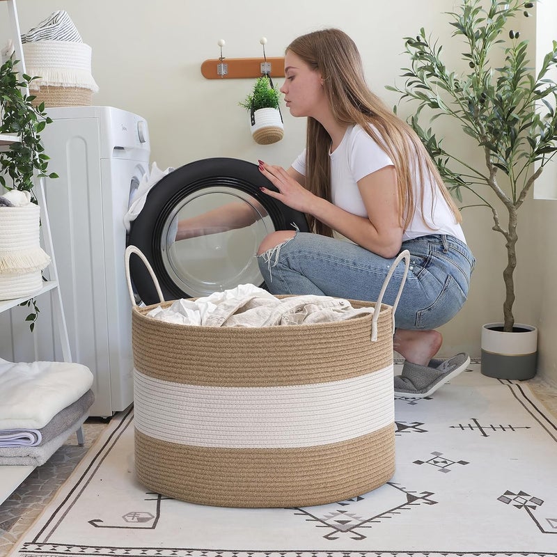 HiChen Large Wicker Laundry Basket, 83L Woven Storage Basket for Blankets Living Room, Extra Large Laundry Hamper for Clothes, Shoes, Jute Boho Basket, Large Bin, 21.7 x 13.8 inches - Image 5
