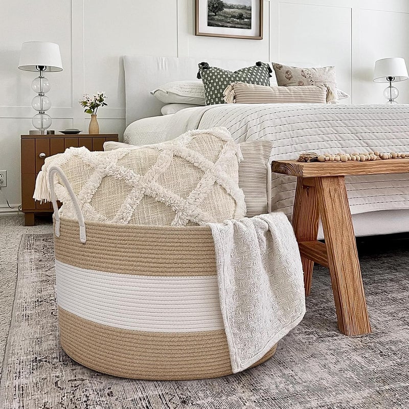 HiChen Large Wicker Laundry Basket, 83L Woven Storage Basket for Blankets Living Room, Extra Large Laundry Hamper for Clothes, Shoes, Jute Boho Basket, Large Bin, 21.7 x 13.8 inches - Image 4