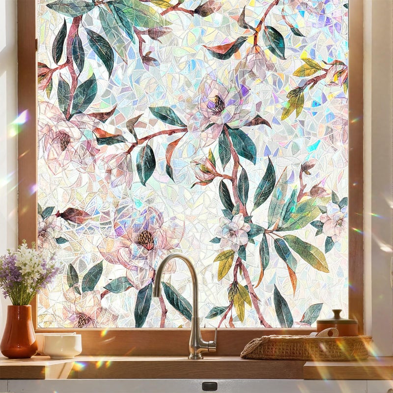 ADD.HERES Window Privacy Film,Colorful Floral Window Stickers,Removable DIY Bouquet Static Clings, Decals for Home School Office Party Supplies,â€ŒFirst Snow Magnoliaï¼Œ17.5 x 78.7 in - Image 1
