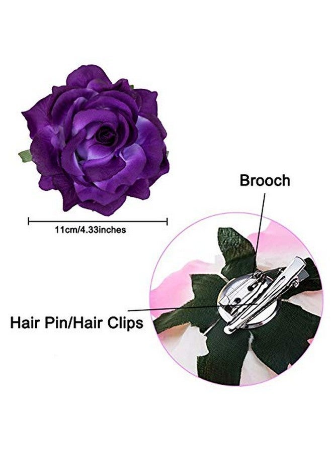 HOPEANT 5 Pcs Big Rose Flower Hair Clips Brooch Pins Accessories For Women Girl Bridal Bxh35-5 (Purple)  - Image 2