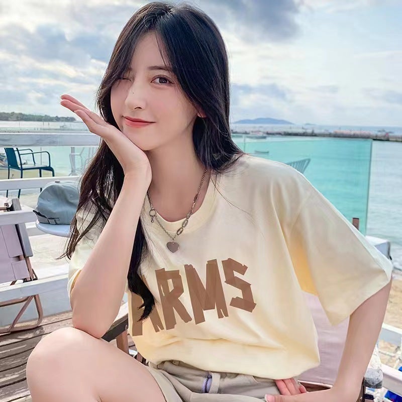 Shoulder Short-Sleeved T-Shirt Women'S Loose Distinctive Printed Fashion Women'S Half-Sleeved Top Base Ins Trendy - Image 1