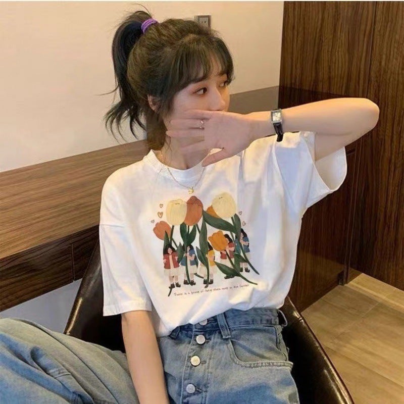 Shoulder Short-Sleeved T-Shirt Women'S Loose Distinctive Printed Fashion Women'S Half-Sleeved Top Base Ins Trendy - Image 2