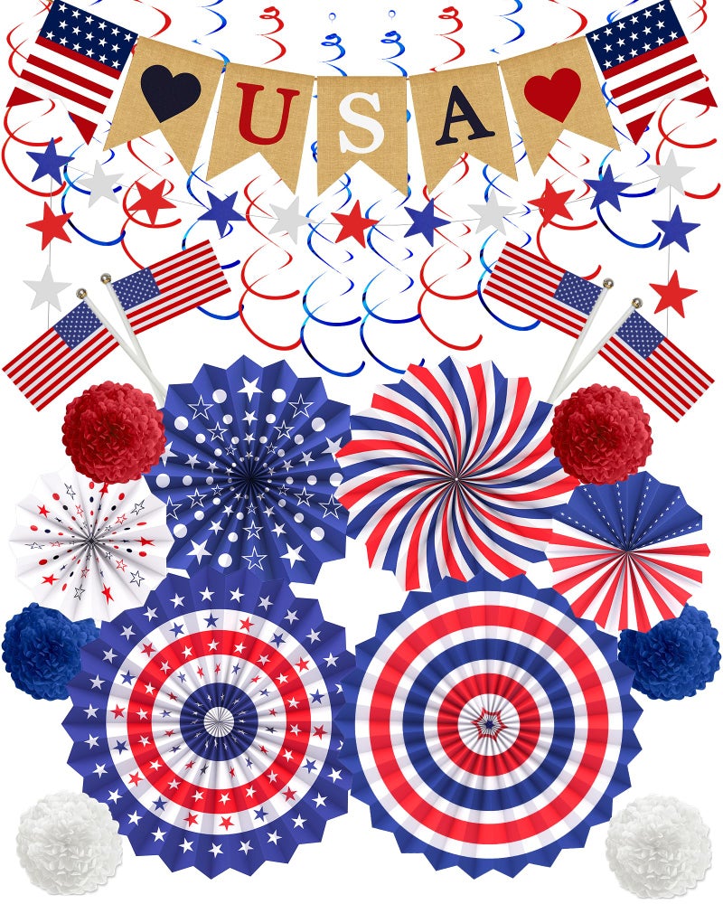 Lutoys 30 Pcs Patriotic Decorations for Veterans Day 4th of July Decor LOVE USA Banner American Flag Red White Blue Paper Fans Pompoms Labor Memorial Day Decor for Indoor Outdoor Outside