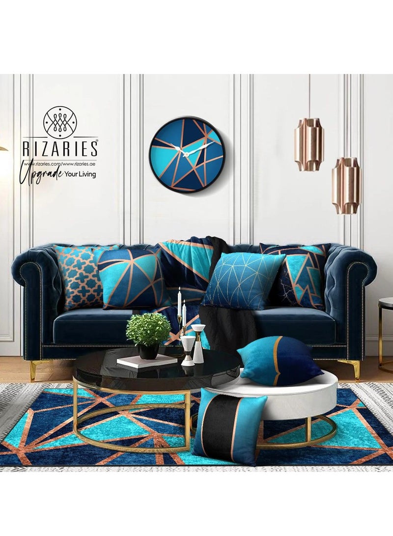 RIZARIES Teal Metallic Bundle of 9 ( 6 covers with fillings, 1 Wall Clock, 1 Rug 5.25x5.22ft, 1 Sofa Throw)  - Image 1