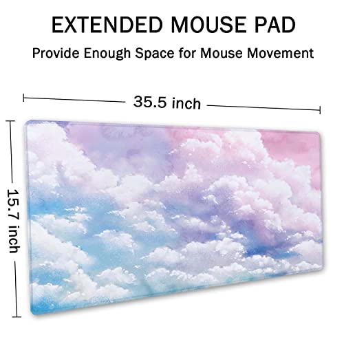 SSOIU Watercolor Pastel Sky Desk Mat, Cloud and Pink Sky Extended Mouse Pad, XXL Gaming Mouse Pad, 35.5x15.7inch - Image 2