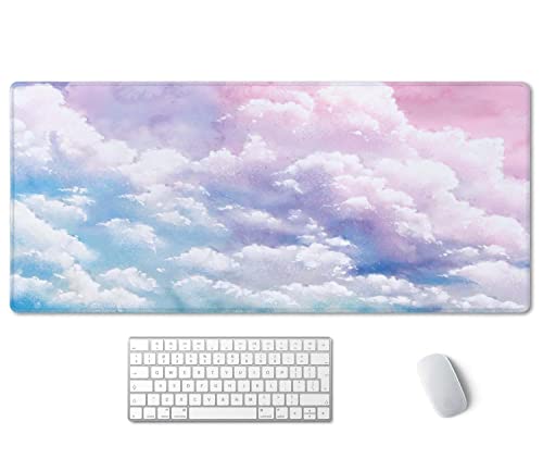 SSOIU Watercolor Pastel Sky Desk Mat, Cloud and Pink Sky Extended Mouse Pad, XXL Gaming Mouse Pad, 35.5x15.7inch - Image 1