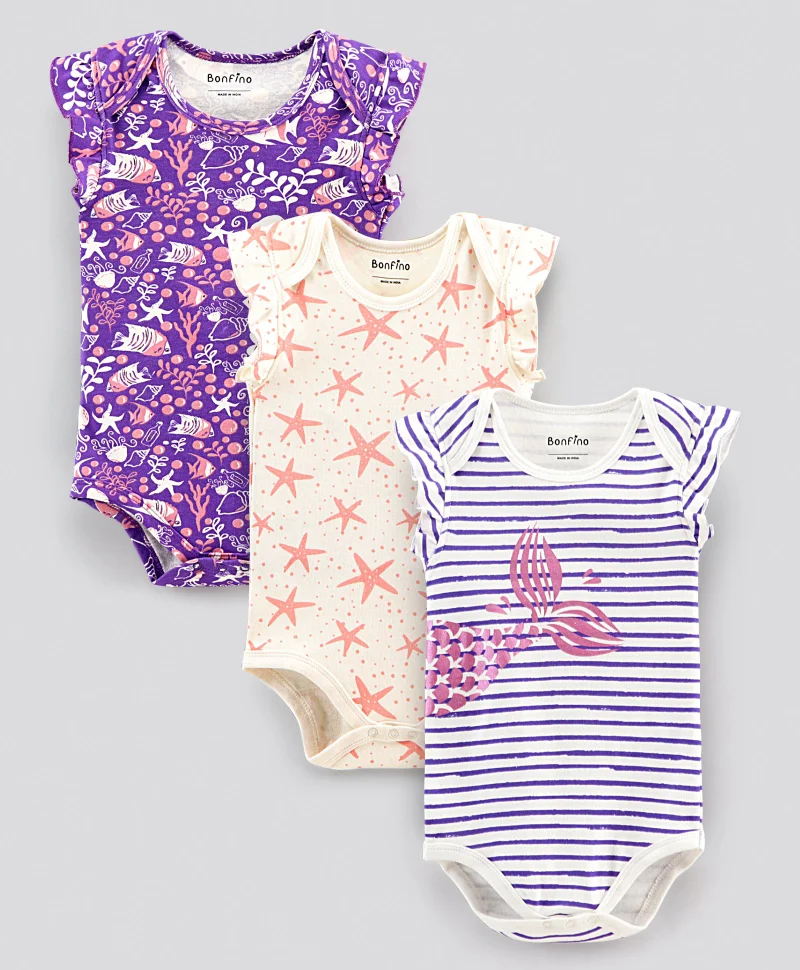 Bonfino Bonfino Half Sleeves Printed Onesies Pack of 3 - Multicolour
