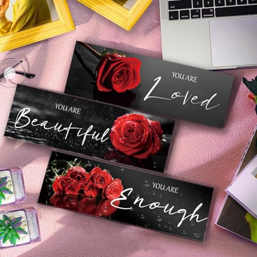 ZINYAZHE 3 Pieces Red Roses Wall Decor Inspirational Red Bathroom Decor Wooden Wall Art Positive Quotes You Are Loved You Are Beautiful You Are Enough for Teen Girls Women Office Bedroom(12 x 4 Inch) - Image 3