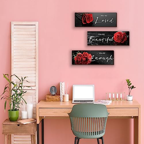 ZINYAZHE 3 Pieces Red Roses Wall Decor Inspirational Red Bathroom Decor Wooden Wall Art Positive Quotes You Are Loved You Are Beautiful You Are Enough for Teen Girls Women Office Bedroom(12 x 4 Inch) - Image 2