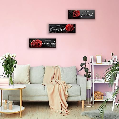 ZINYAZHE 3 Pieces Red Roses Wall Decor Inspirational Red Bathroom Decor Wooden Wall Art Positive Quotes You Are Loved You Are Beautiful You Are Enough for Teen Girls Women Office Bedroom(12 x 4 Inch) - Image 5