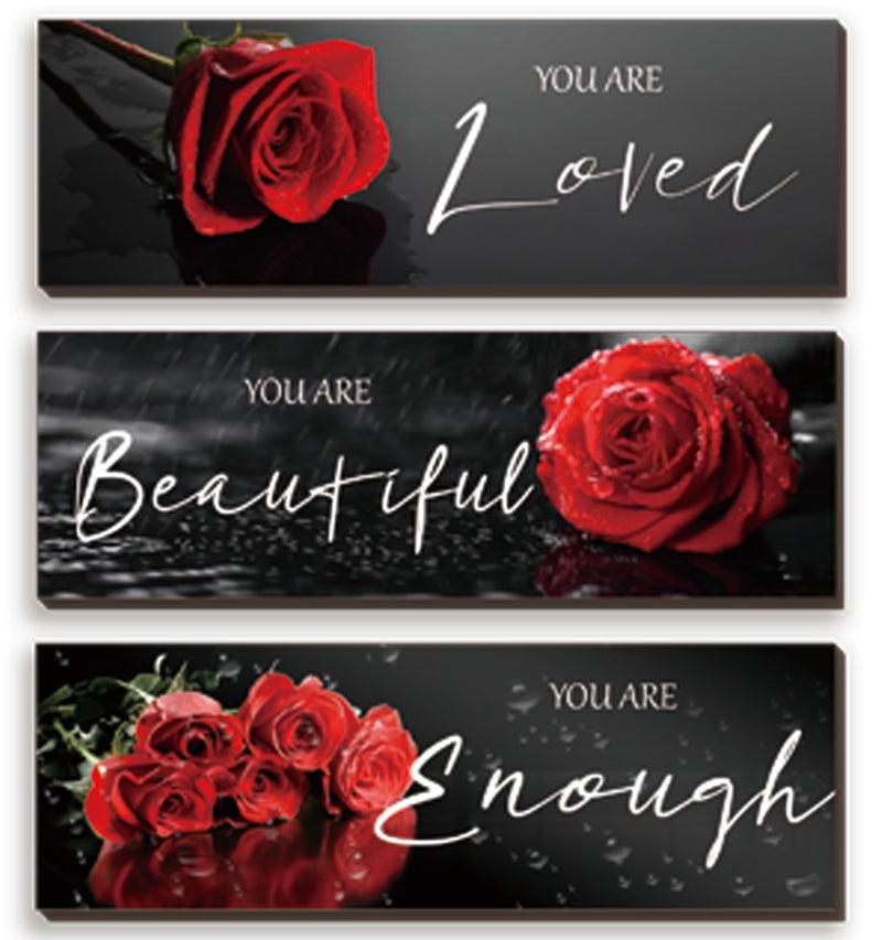 ZINYAZHE 3 Pieces Red Roses Wall Decor Inspirational Red Bathroom Decor Wooden Wall Art Positive Quotes You Are Loved You Are Beautiful You Are Enough for Teen Girls Women Office Bedroom(12 x 4 Inch) - Image 1
