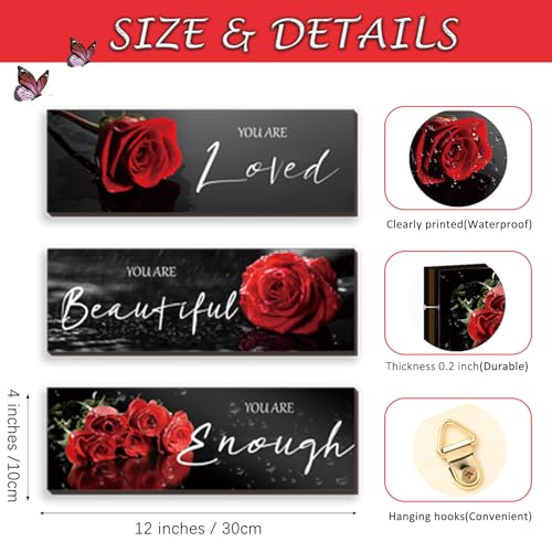 ZINYAZHE 3 Pieces Red Roses Wall Decor Inspirational Red Bathroom Decor Wooden Wall Art Positive Quotes You Are Loved You Are Beautiful You Are Enough for Teen Girls Women Office Bedroom(12 x 4 Inch) - Image 4