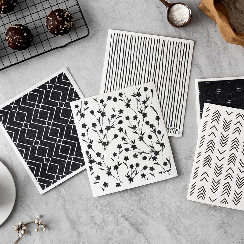 RECYCO Swedish Dishcloths for Kitchen | 5 Pack Geometric Washable Dish Rags | Cellulose Reusable Cleaning Paper Towels | Absorbent Counter Dish Cloth Sponge Kitchen Wipes, 8" L x 7" W - Image 2
