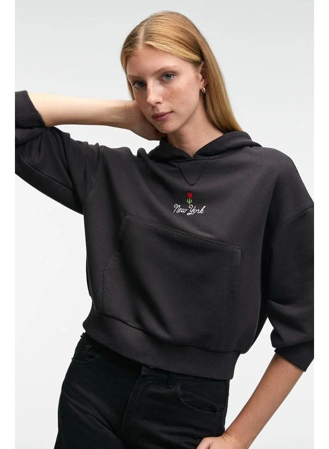 GRIMELANGE ISADORA Women's Hooded Embroidered Detail Regular Fit Crop Anthracite Sweatshirt