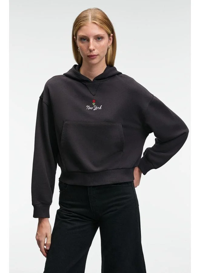 GRIMELANGE ISADORA Women's Hooded Embroidered Detail Regular Fit Crop Anthracite Sweatshirt