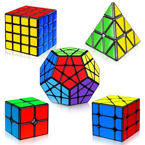 AuntyFey 5 Pack Magic Speed Cube Set 2x2 3x3 4x4 Triangle Megaminx Speed Cubes for Kids Adults - Image 1