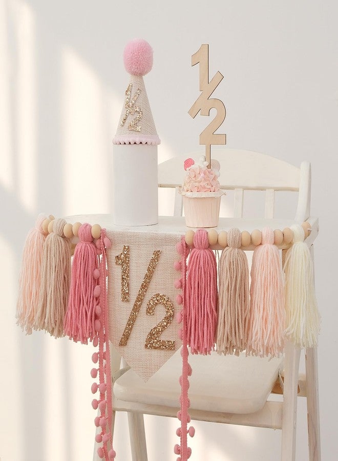 HODIHIWI 1/2 Pink Baby Girl Birthday Highchair Banner Wood Bead Tassel Garland Half Birthday Conical Cap Wooden Cake Topper Happy Half Year Party Photoshoot Props - Image 4